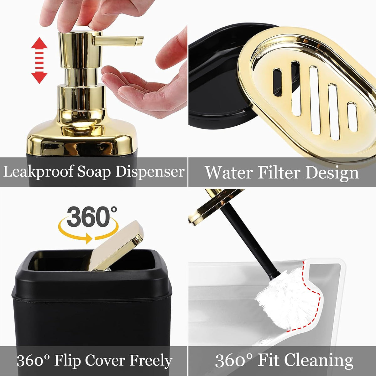 XLHOMO Bathroom Set, Black Bathroom Set, 9 PC Black and Gold Bathroom Set