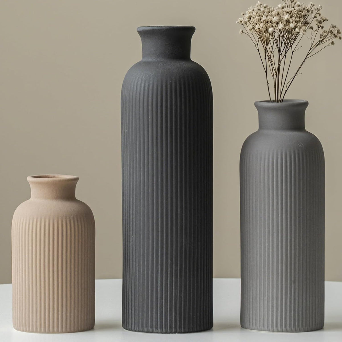 Modern Ceramic Vase Set, Black Ribbed Matte Design, 3-Piece Decorative Vases for Home, Living Room, Office (Black Mix)