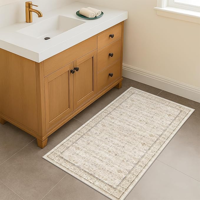 Washable 2x4 Beige Bathroom Rugs, Farmhouse Small Rugs by HazoHaus