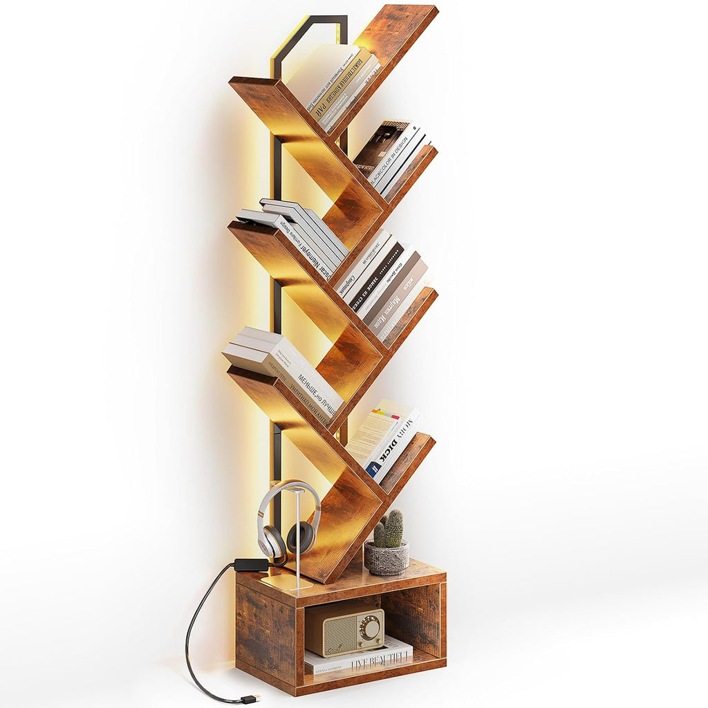 Casaottima Tree Bookshelf with LED Lights, 6-Tier Small Bookshelf, Vintage