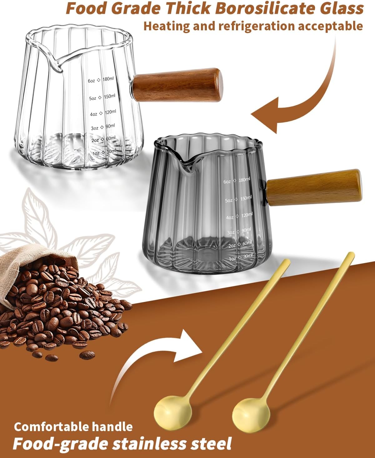 2Pcs Espresso Cups & Spoons, Ribbed Milk Frothing Cup, Espresso Accessories
