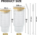 4 Pcs 11 oz Drinking Glasses Cups Set with Bamboo Lids Straws Brush Small Drinking Glassware Set for Juice Iced Coffee Cocktail Whiskey(Hobnail*4)