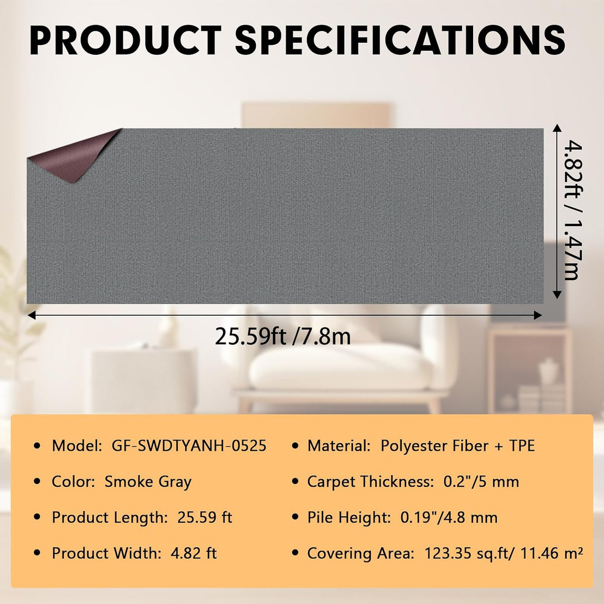 Grefinity Marine Carpet, 5 FT x 25 FT Smoke Gray Indoor Outdoor Carpet