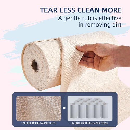 & PLUSH Microfiber Cleaning Cloth Roll - 50 Pack, Tear Away Microfiber Towels, 12" x 12", Reusable, Washable, Streak Free, Ultra Absorbent Dish Rags for Car, Home, Garage or Shop (Beige)
