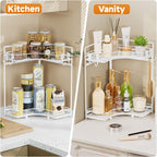 VITVITI 2-Tier Corner Bathroom Counter Organizer, Bathroom Countertop Organizer Storage for Sink, Metal Mesh Makeup Organizer for Vanity Countertop Kitchen with Hooks,White