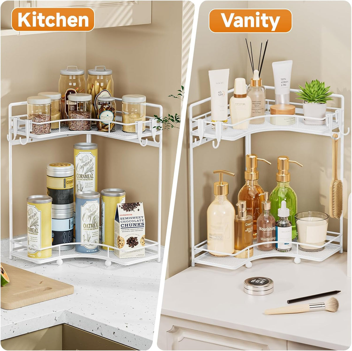 VITVITI 2-Tier Corner Bathroom Counter Organizer, Bathroom Countertop Organizer Storage for Sink, Metal Mesh Makeup Organizer for Vanity Countertop Kitchen with Hooks,White