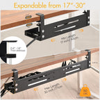 No Drill Under Desk Cable Management Tray, 17”-30” Retractable Cord Organizer for Table, Clamp Mount Wire Basket, Power Strip Holder & Metal Cord Organizer for Office, Home，Black