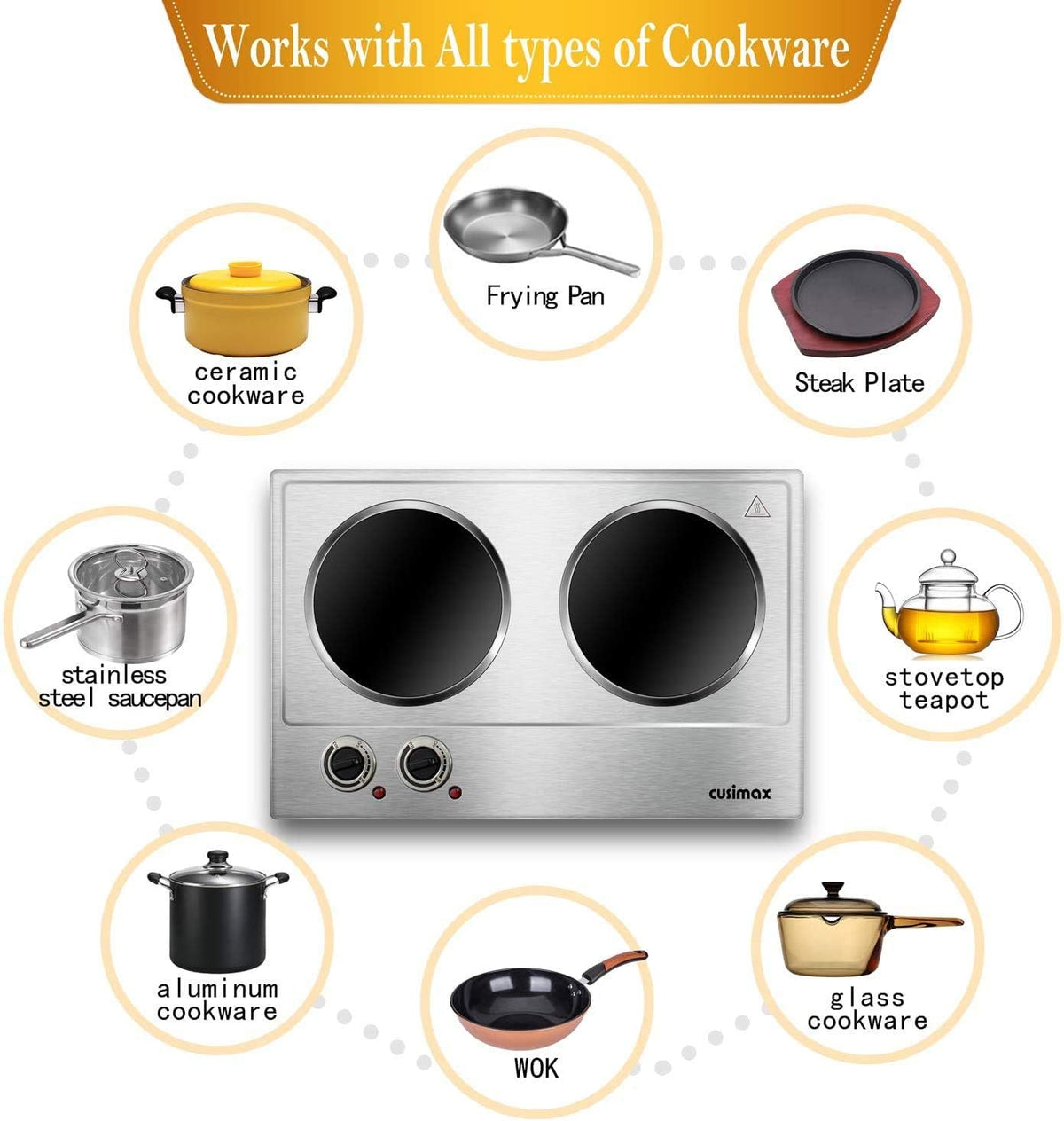 CUSIMAX 1800W Ceramic Electric Hot Plate for Cooking, Double Burner, Silver