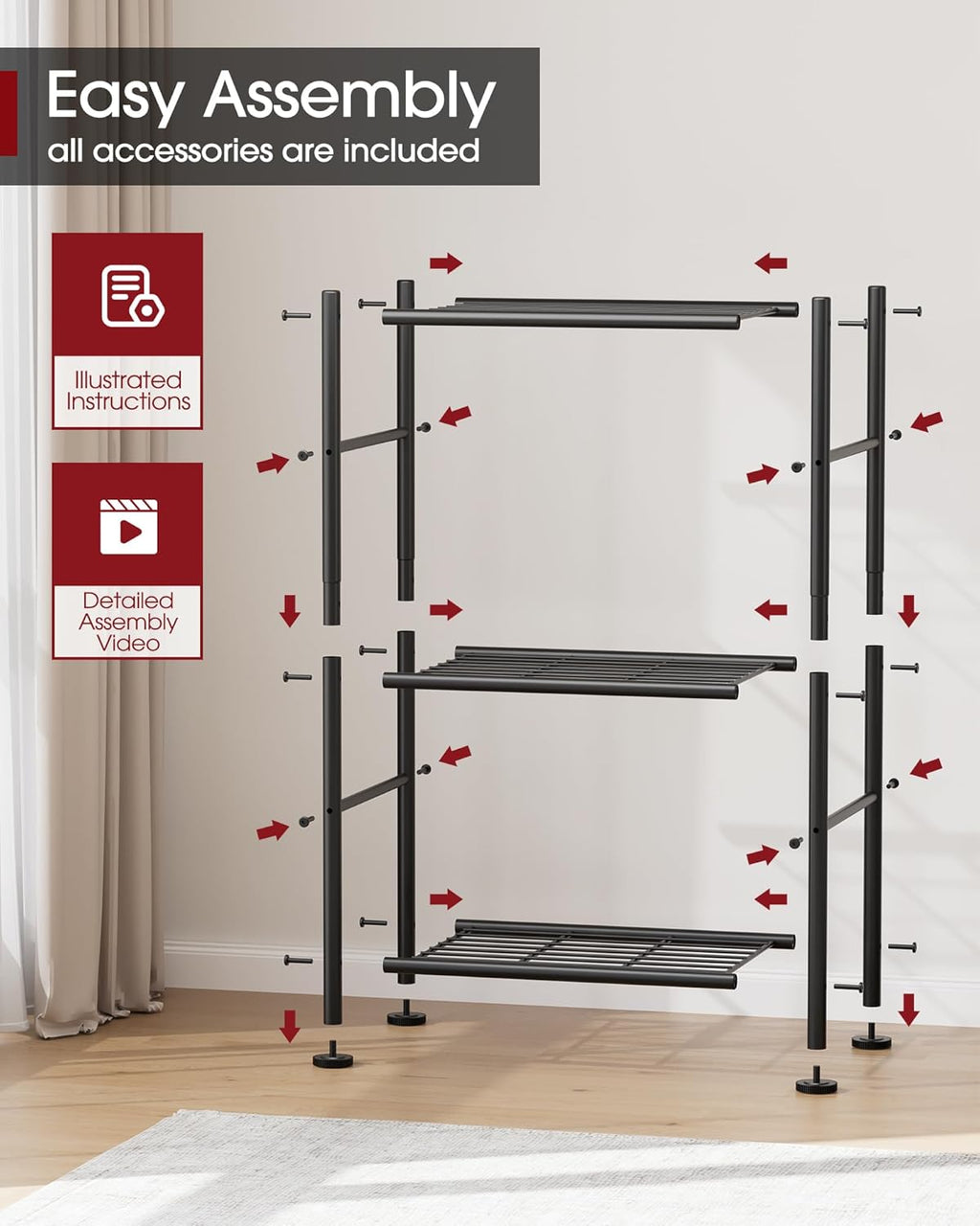Sakugi 3-Tier Metal Storage Shelves Adjustable Feet, 18"x12"x30", Black