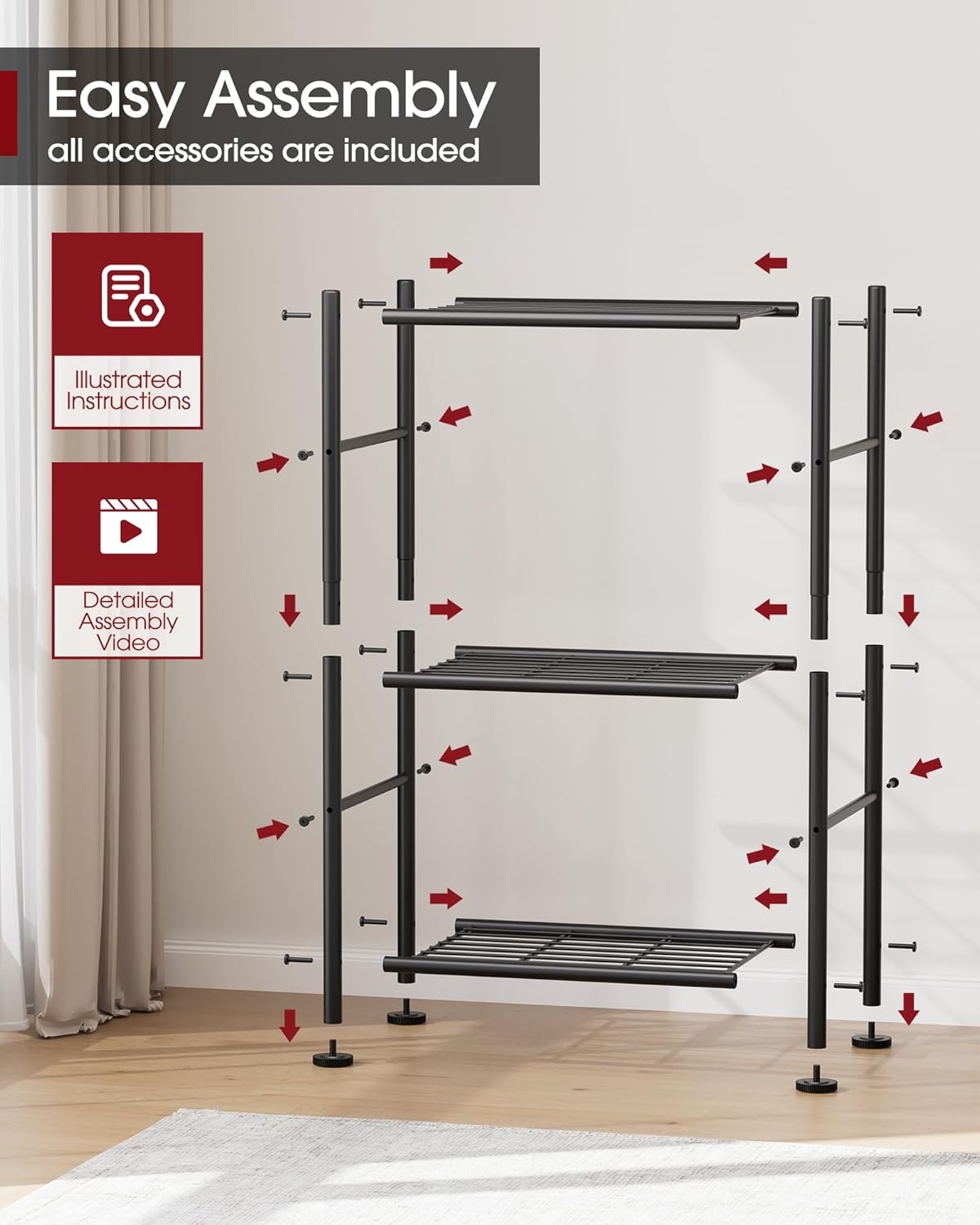 Sakugi 3-Tier Metal Storage Shelves Adjustable Feet, 18"x12"x30", Black