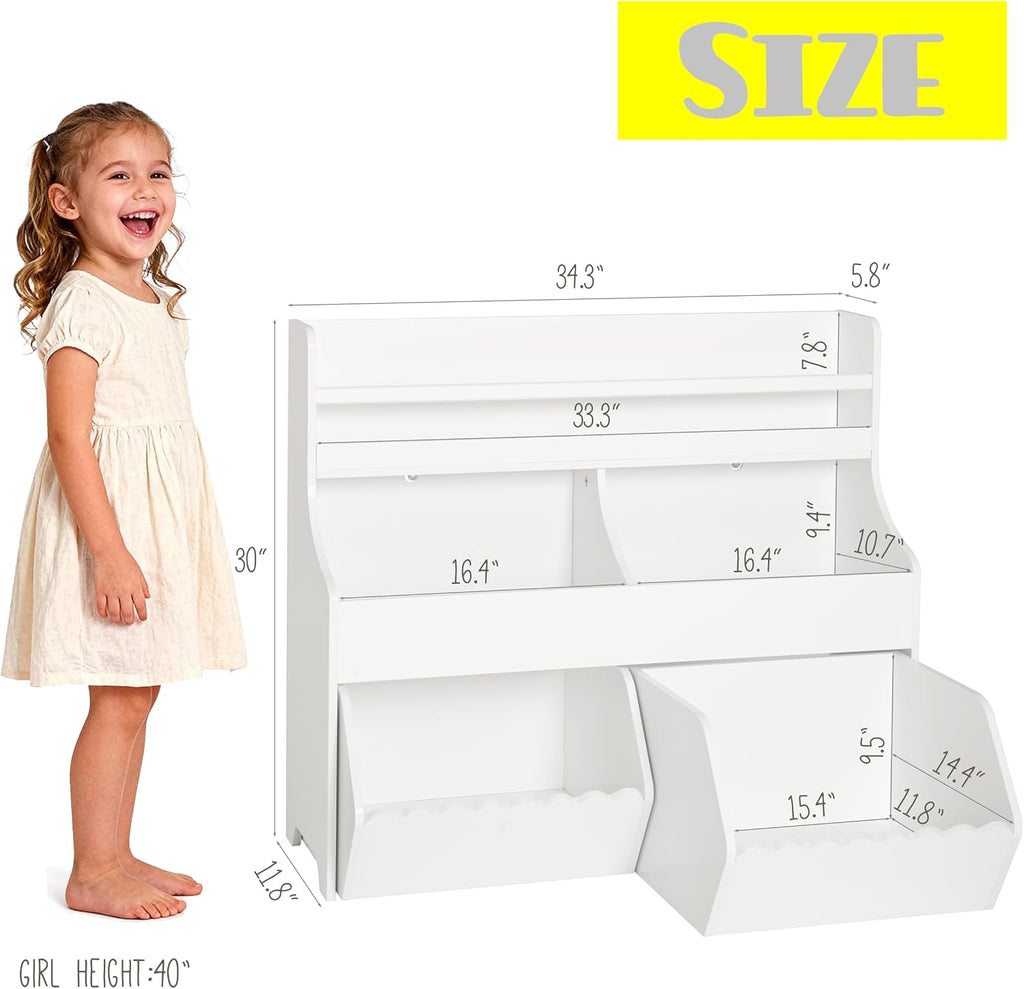 Spirich Kids Bookshelf with Bookcase and Roll-Out Toy Storage Organizer Box
