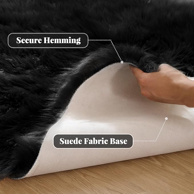 ORINOVA Black Round Rugs 6ft Fluffy Washable Faux Sheepskin Shaggy Fur Rugs - Image 3