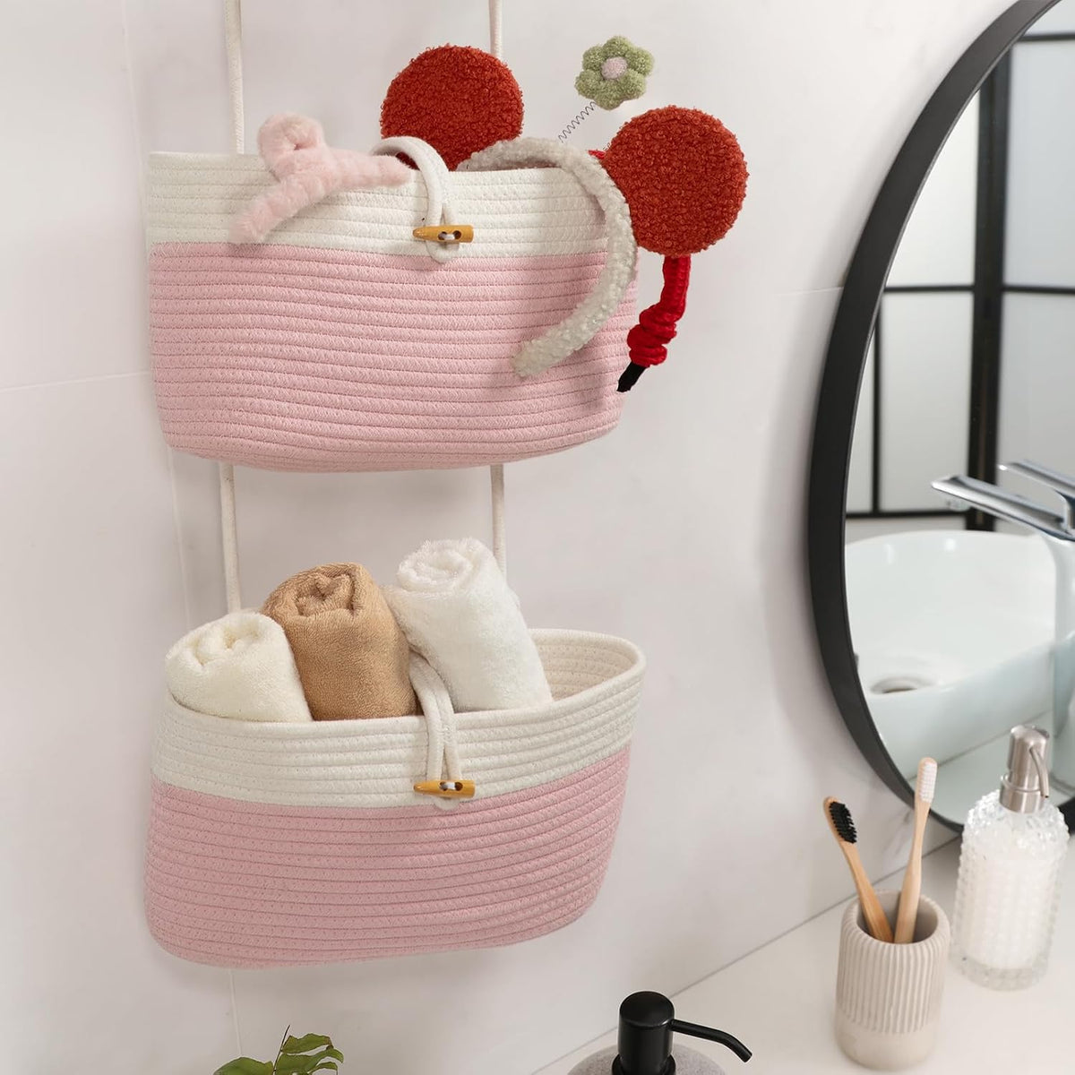 Over The Door Hanging Baskets with Button Strap, 3-Tier Woven Cotton Storage Organizer Bag, Wall-Mounted with Hook Decorative Hanging Nursery Baskets - Pink+White