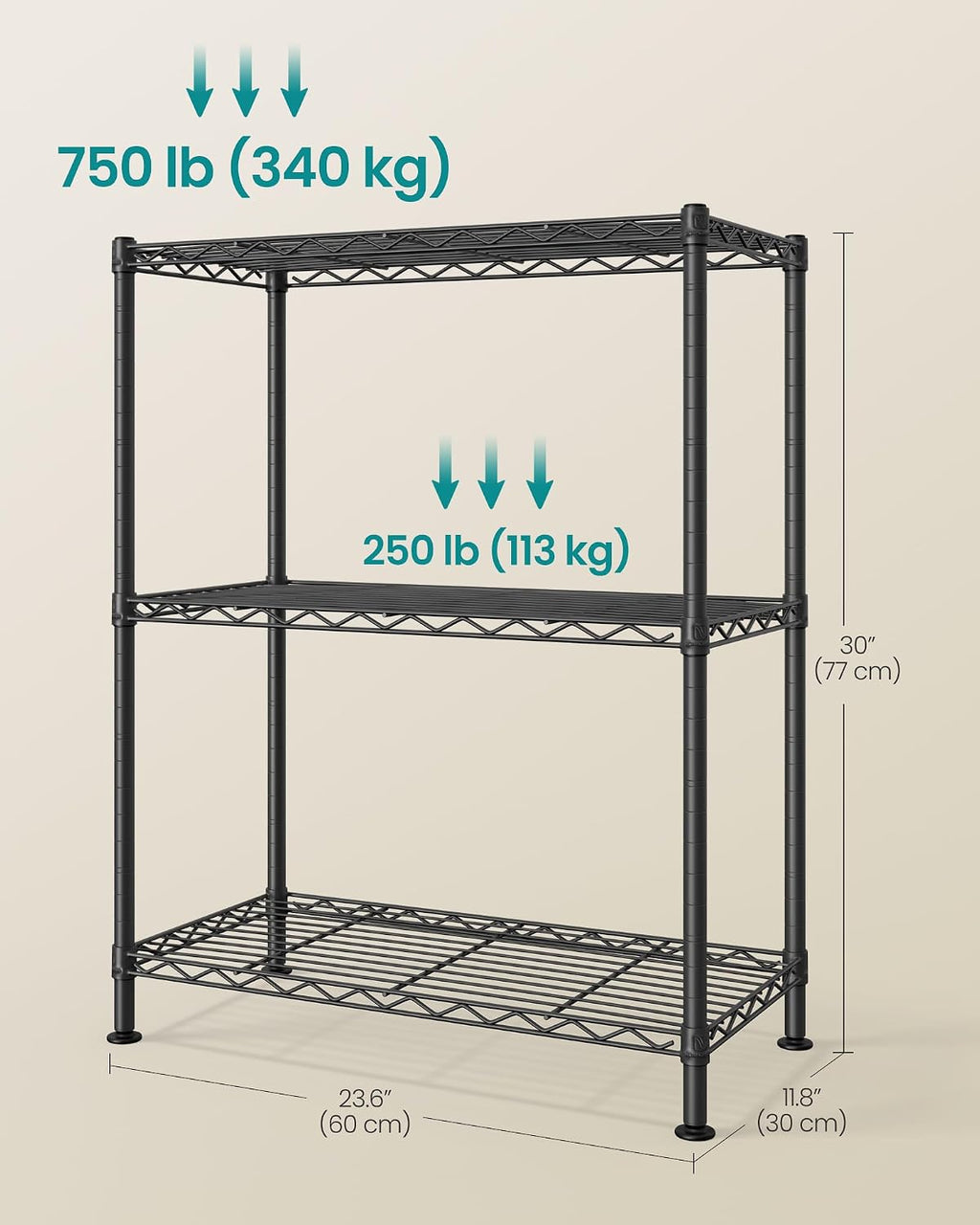SONGMICS 3-Tier Storage Shelves, Adjustable Wire Shelving Unit, 8 Hooks