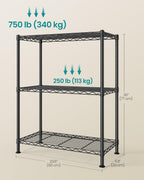 SONGMICS 3-Tier Storage Shelves, Adjustable Wire Shelving Unit, 8 Hooks