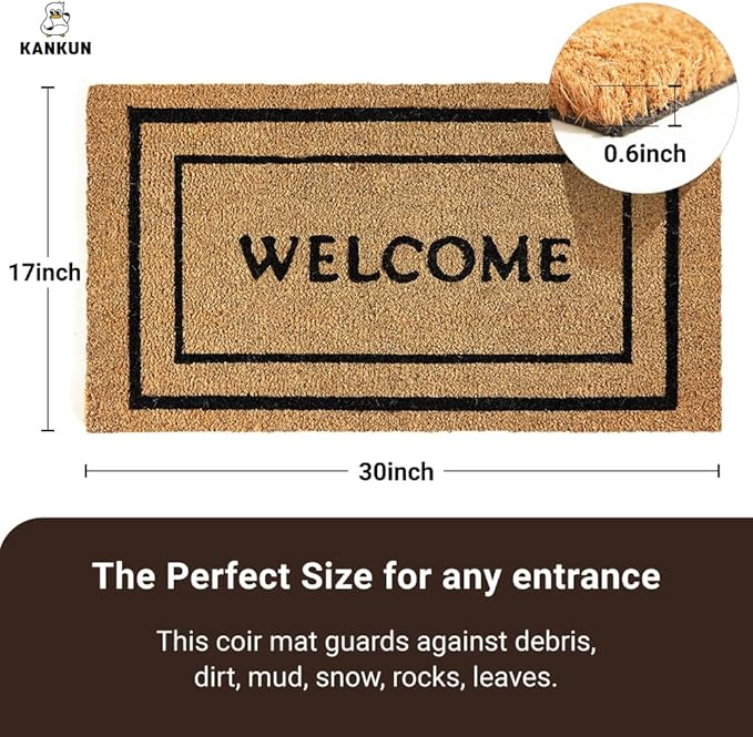 KANKUN Coco Coir Door Mat with Heavy Duty Backing, Welcome Doormat, Doormat - Image 3