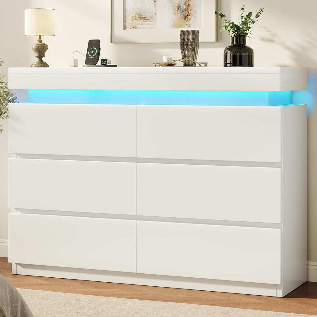 6 Drawer Dresser with LED Lights and Charging Station, Modern White Dresser