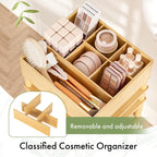Bamboo Makeup Organizer Cart with 3 Drawers, Floor Skin Care Storage for Bathroom Bedroom, Rolling Vanity Organizer Cart for Cosmetic, Nail Polish, Perfume and Hair Tools