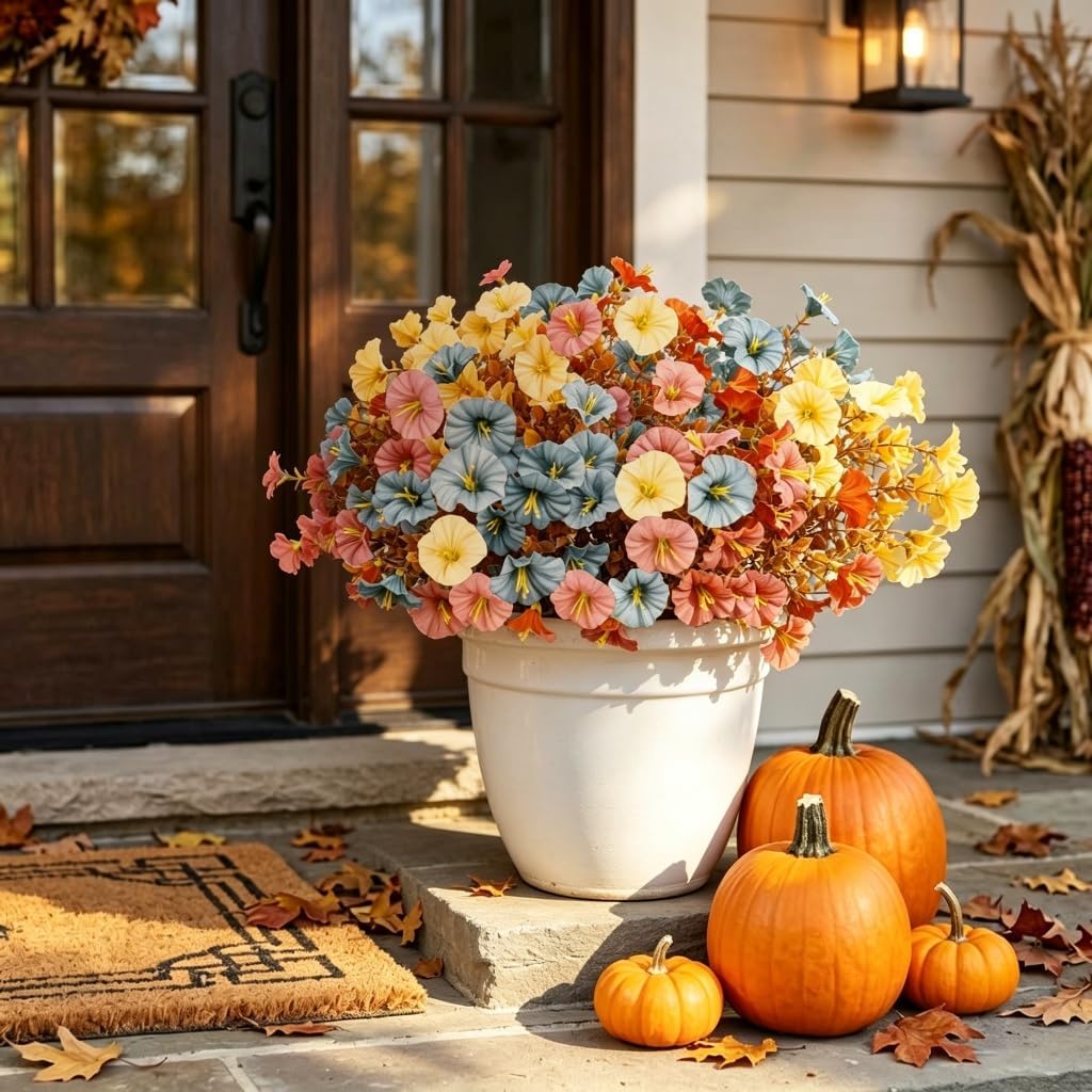 Fall Artificial Morning Glories 12 Bundles Outdoors yellow ＆Orange＆blue