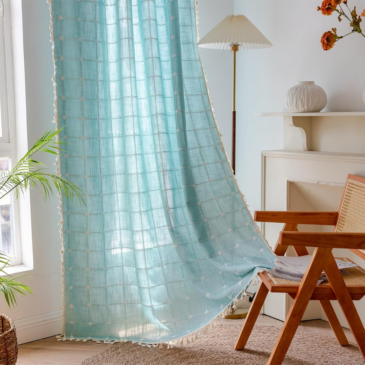 Deeprove Green Boho Curtains 84 Inches Long for Bedroom Nursery Room, Cyan Coastal Teal Plaids Embroidery Semi Blackout Bohemian Window Treatment Grids Drape Tassels, 1 Panel W52 x L84, Aqua