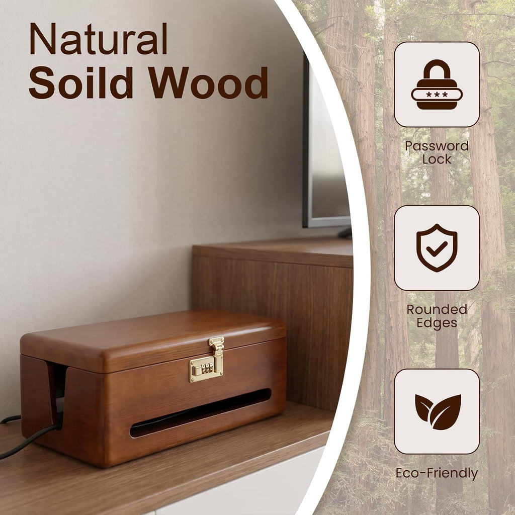 Solid Wood Cable Management Box with Combination Lock, Power Strip Cover to Help Limit Child Access, Large Cord Hider for Desks, TV Stands & Home Offices