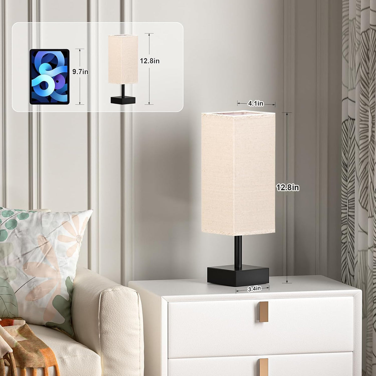 aooshine Small Bedside Table Lamp for Bedroom - Square Beige Fabric Shade