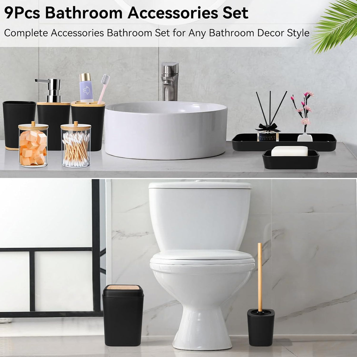 XLHOMO Black Bathroom Set - 9 Piece Accessory Set with Trash Can