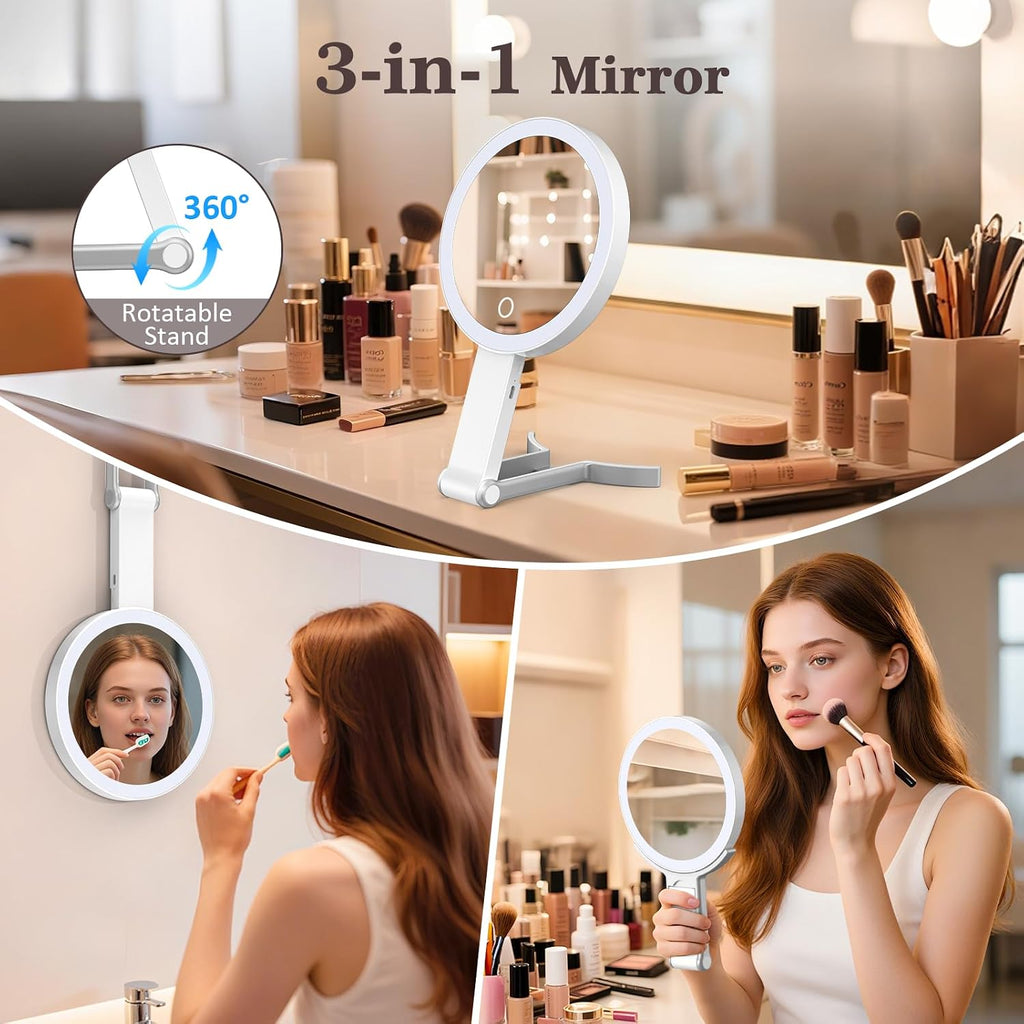 Travel Makeup Mirror with Lights, 15X/1X Double Sided Magnifying Mirror with 3 Color LED Lights, Rechargeable Portable Vanity Mirror for Girls & Women, College Dorm Room Essentials & Gifts