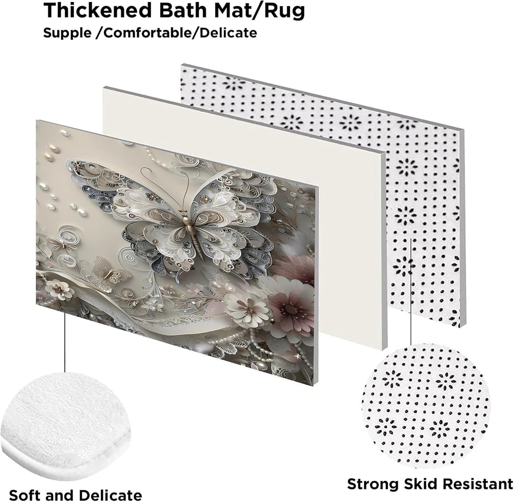DDQQ 4Pcs Shower Curtain Sets, Gray Butterfly Bathroom Curtains Shower Set, Bathroom Decor Sets, Shower Curtain for Bathroom with Rugs, Toilet Lid Cover, Bath Mat and 12 Hooks, 71 x 71 Inches