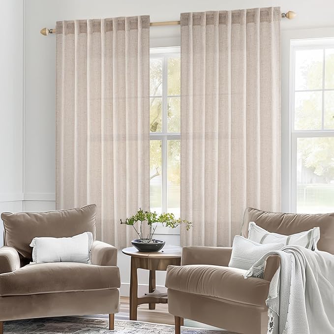 MIULEE Natural White Linen Curtains 60 Inch Length 2 Panels - Image 2