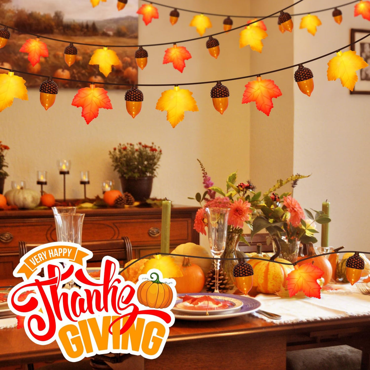 8.5Ft Fall Decor Maple Leaves Acorn Lights String, Fall String Lights Plug in with 10 LED Yellow/Orange Maple Leaf Acorn Light for Home Porch Fireplace Autumn Harvest Party Thanksgiving Decor, 0.48W