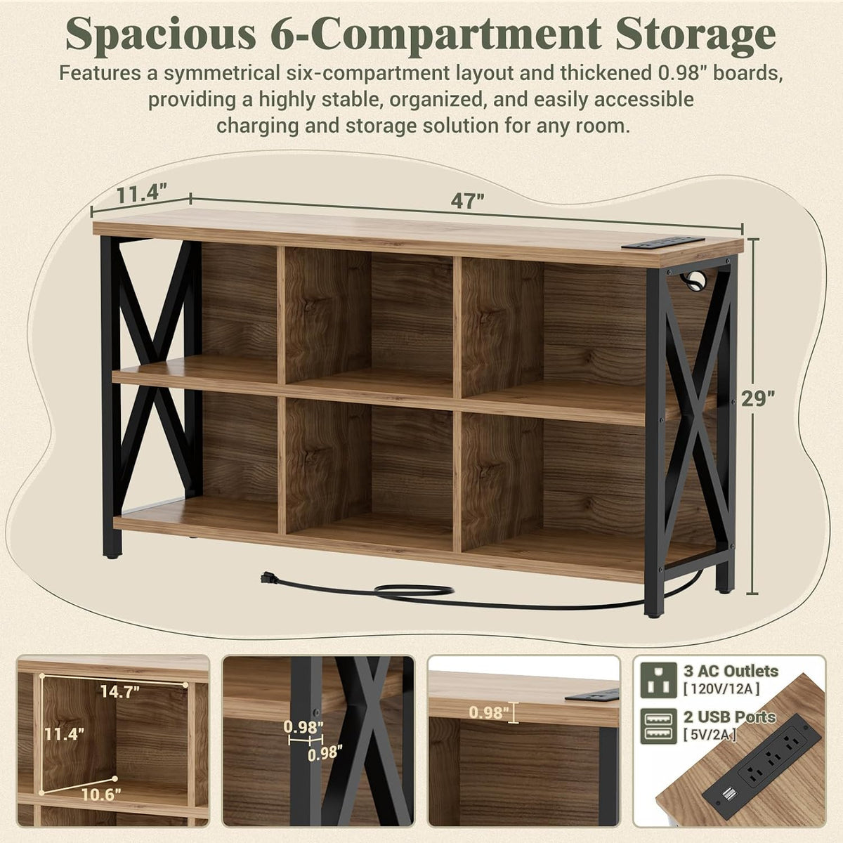 6 Cube Bookcase, Cube Storage Organizer Bookshelf with Outlets