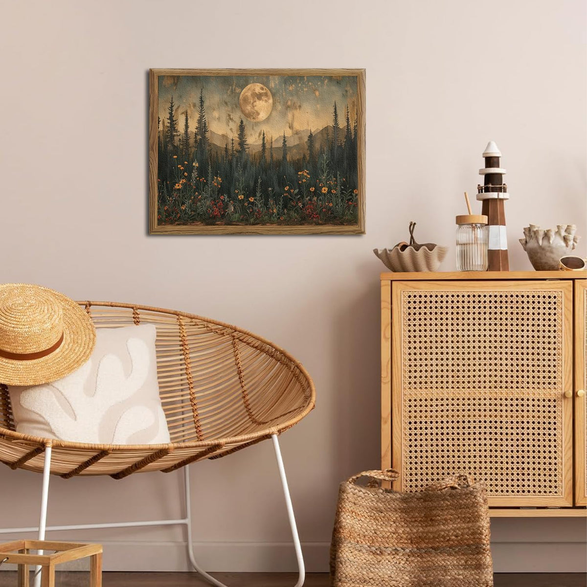 Vintage Nature Forest Wall Art Dark Moon Landscape Painting Wall Decor Woodland Picture Artwork 3D Textured Hand Drawn Sandstone for Farmhouse Bedroom Living Room 12x16 inch Wood Framed