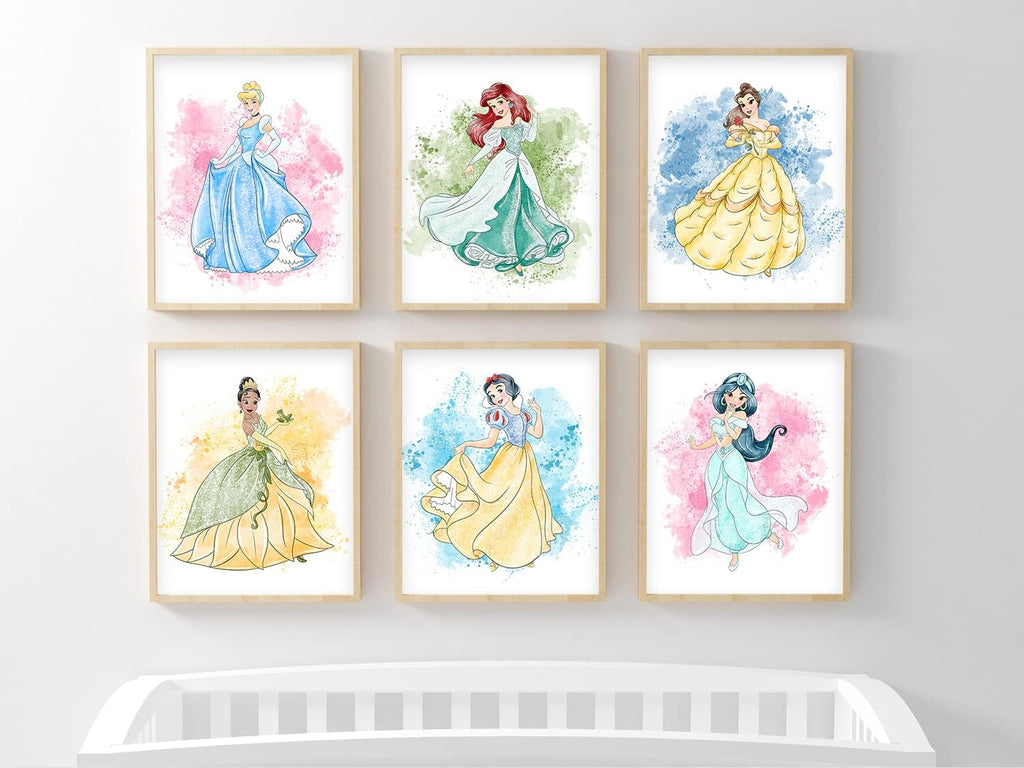 Nistio Princess Nursery Wall Art Prints, Ariel Nursery Poster, Newborn Gift, Cinderella Baby Room Decor For Girls, Princess Cinderella, Rapunzel, Ariel, Belle, Tiana, Jasmine, Set of 8 Prints, 8x10
