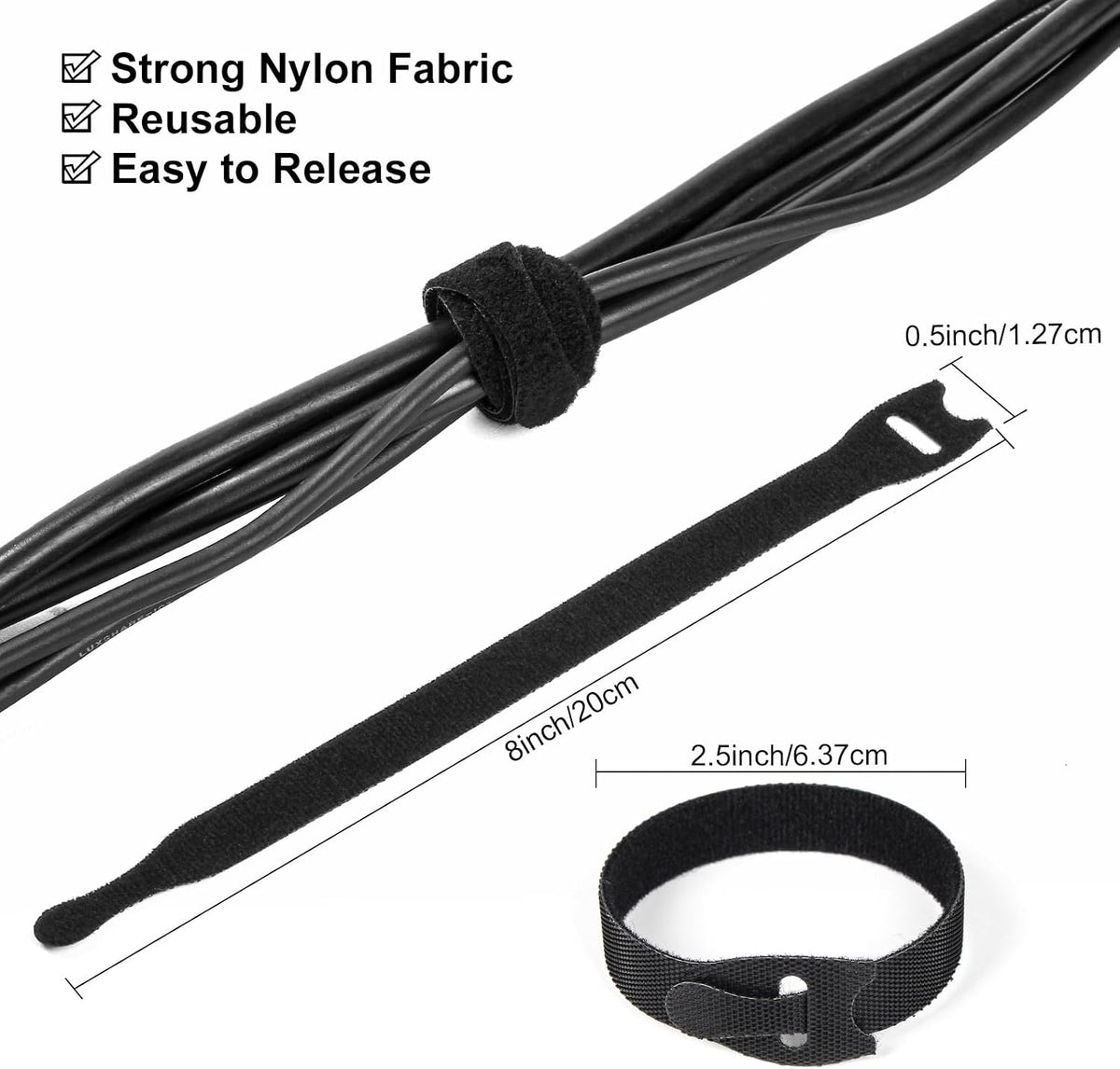OneLeaf 110PCS Reusable Cable Ties, Adjustable 8-inch Cord Organizer Ties, Multi-purpose Hook Loop Cable Management Wire Ties for Organizing Home, Office, Data Centers, Black (Pack of 2)