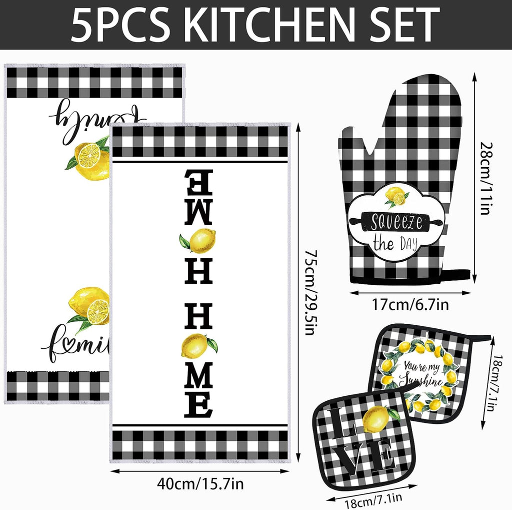 5 Pcs Buffalo Plaid Kitchen Towels Oven Mitts and Pot Holder Set,Lemon