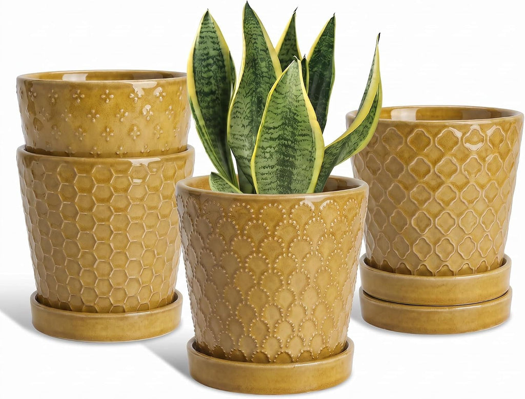 Ceramic Plant Pots, 5 Inch Planters with Drainage Holes and Ceramic Tray, Relief Design Flower Planter, Desktop Office Windowsill Decoration Gift Set of 4 - Deep Yellow