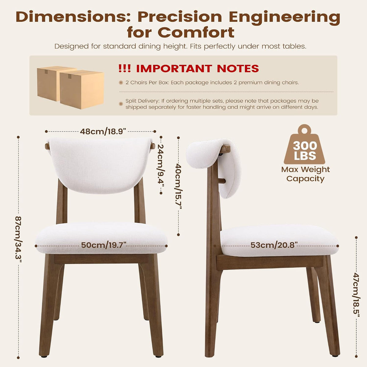 Dining Chairs Set of 6, Solid Rubberwood Kitchen Chairs with Lumbar Support High Back, Breathable Cotton Fabric Seat Cushion, Mid-Century Modern Accent Furniture for Dining Room Living Room Home,Beige