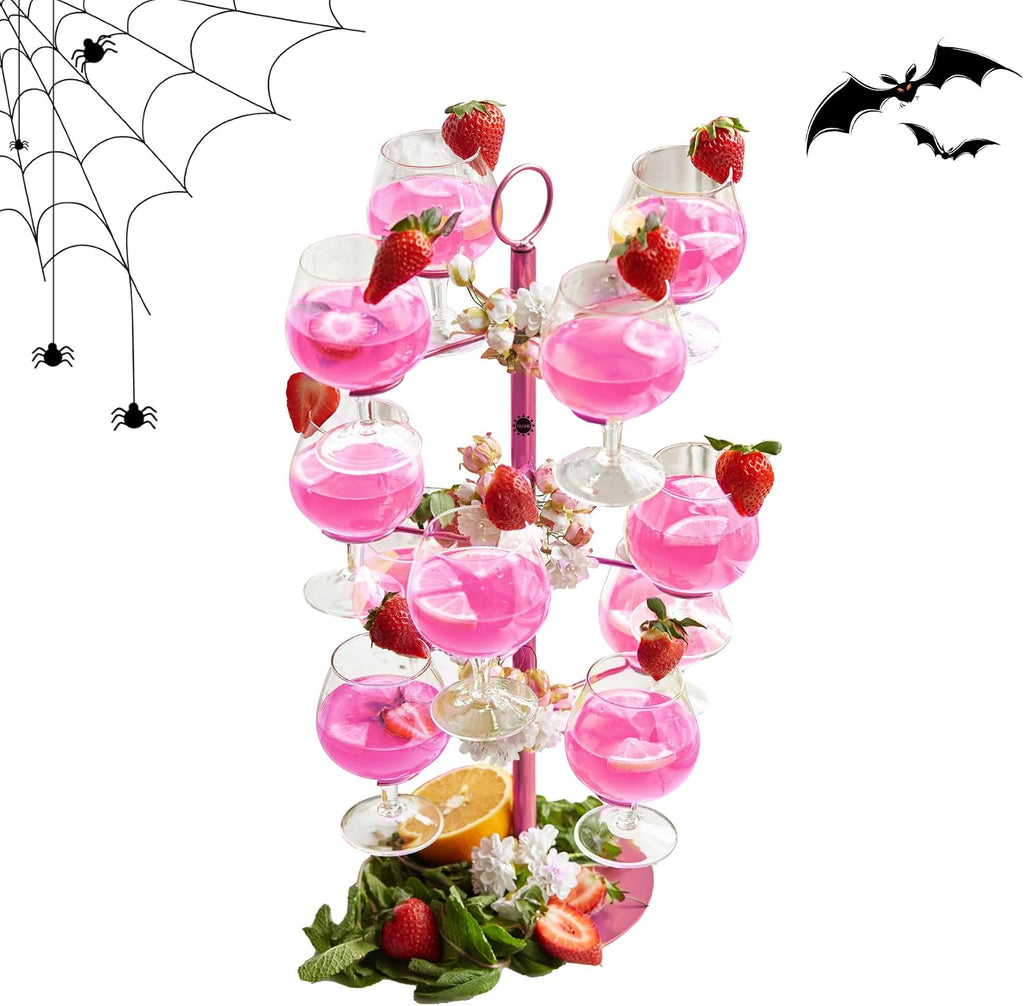 Cocktail Tree Stand, Metal Drink Champagne Tower, 3 Tier - 12 Holders For Mimosa Bar, Martini, Wine, Margarita Glass Cups (Pink)