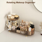Makeup Organizer Countertop with 2 Rotating Perfume Trays, 5-Compartment Vanity Skincare Organizers, Make Up Desk Organization and Storage with Cosmetic Brush Holder for Bedroom Bathroom Counter