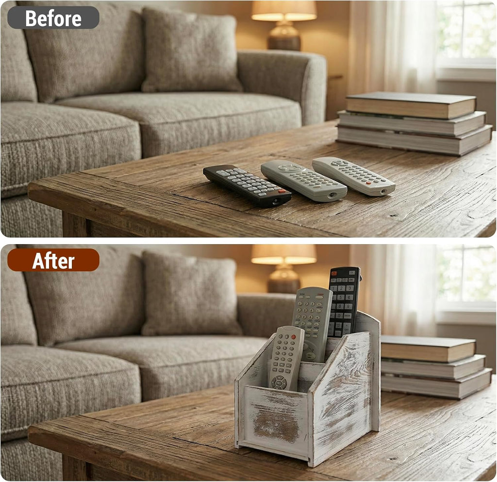 MyGift Whitewashed Wood TV Remote Control Holder with 3 Compartments