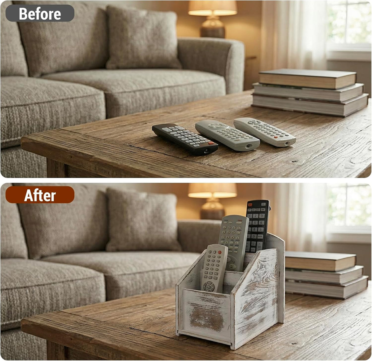 MyGift Whitewashed Wood TV Remote Control Holder with 3 Compartments