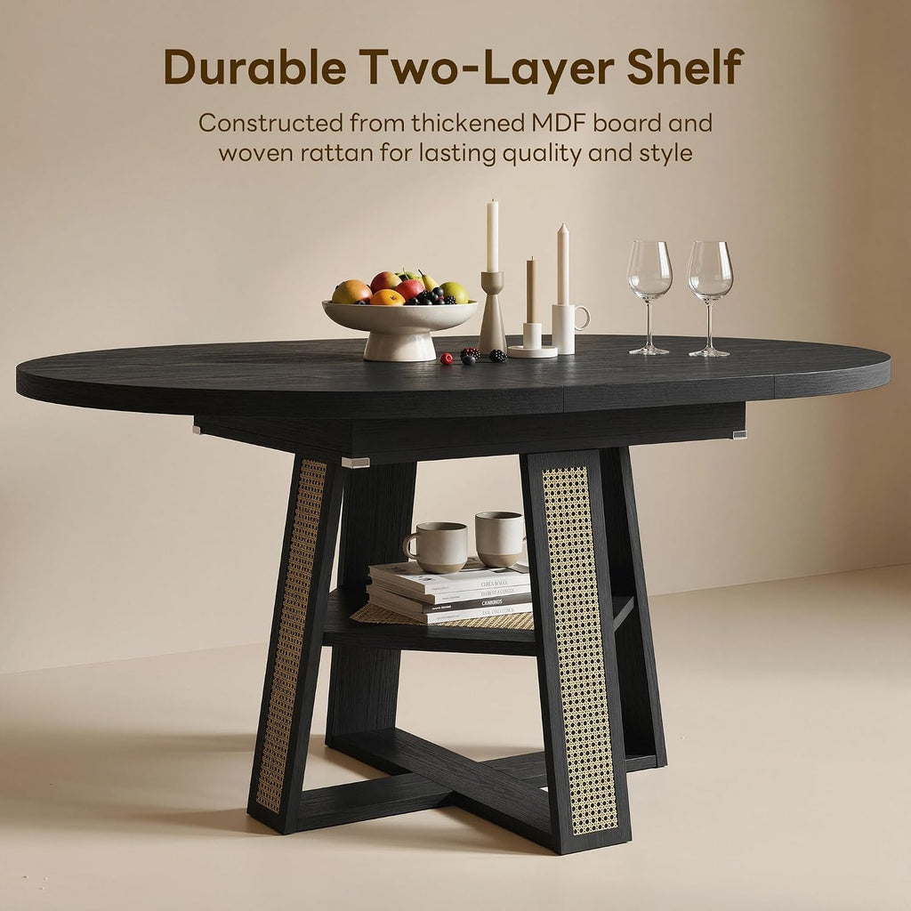 LIKIMIO Dining Table, 43"-59" Extendable Round to Oval with Storage, Black