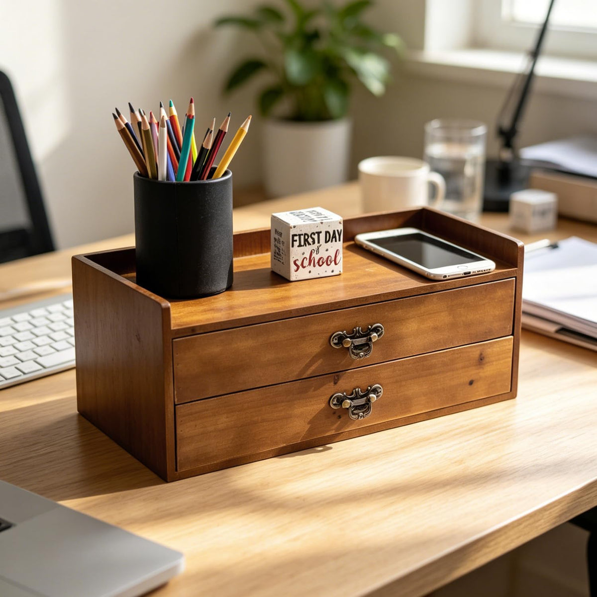 Desk Organizer Drawers Light Brown Vintage Wood Desktop Storage Box