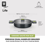BRA COOKWARE Life Ceramic Nonstick Sauté Pan w/Lid | 12.6 In 4.8Qt Aluminum