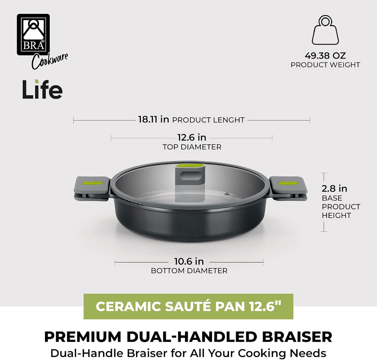 BRA COOKWARE Life Ceramic Nonstick Sauté Pan w/Lid | 12.6 In 4.8Qt Aluminum