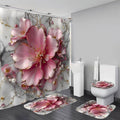 AZHM 4pcs Pink Marble Floral Bathroom Shower Curtain Set with Rugs