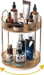 360 Rotating Gold Makeup Organizer,2 Tier Large Capacity Rotating Makeup Organizer,SkincarePerfume Organizer,Bathroom Cosmetics Storage Organizer Countertop (Gold-2 Tier)