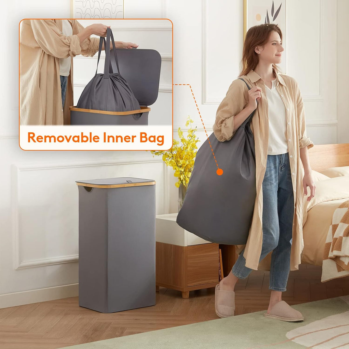 Lifewit 105L Large Laundry Basket with Lid, Removable Bags, Gray