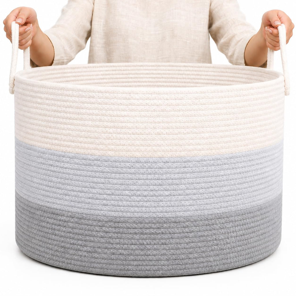 OrganiHaus Large Woven Storage Basket for Blankets and Toys 20" x 13" Inch, Rope Laundry Basket with Handles, Cushions & Pillows Storage Bin, Nursery Hamper, Soft Round Dog Toy Bin - Gray